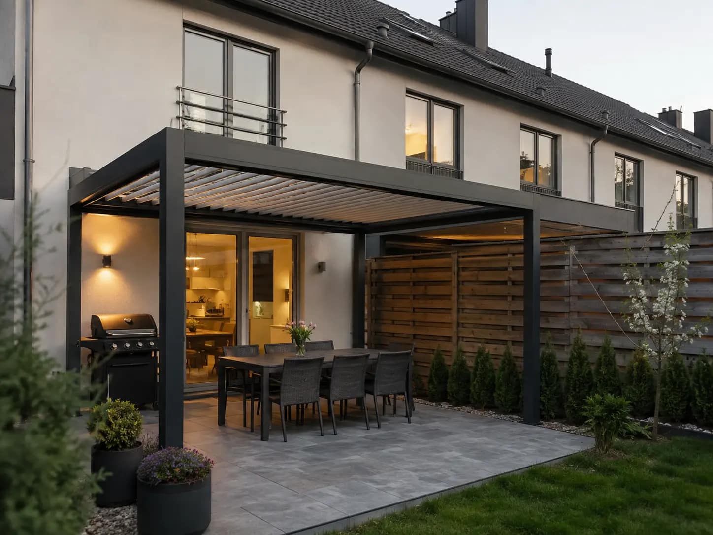 Nowoczesna pergola lamelowa antracytowa nad strefą wypoczynkową w ogrodzie